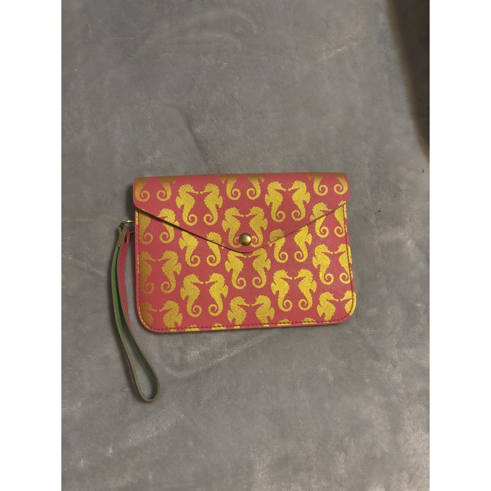 Top It Off Pink Gold Seahorse Wristlet Clutch Bag Lime Green Interior